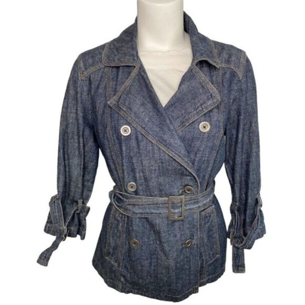 French Cuff Denim Double Breasted Jean Jacket Belted 3/4 Sleeve Sz Medium